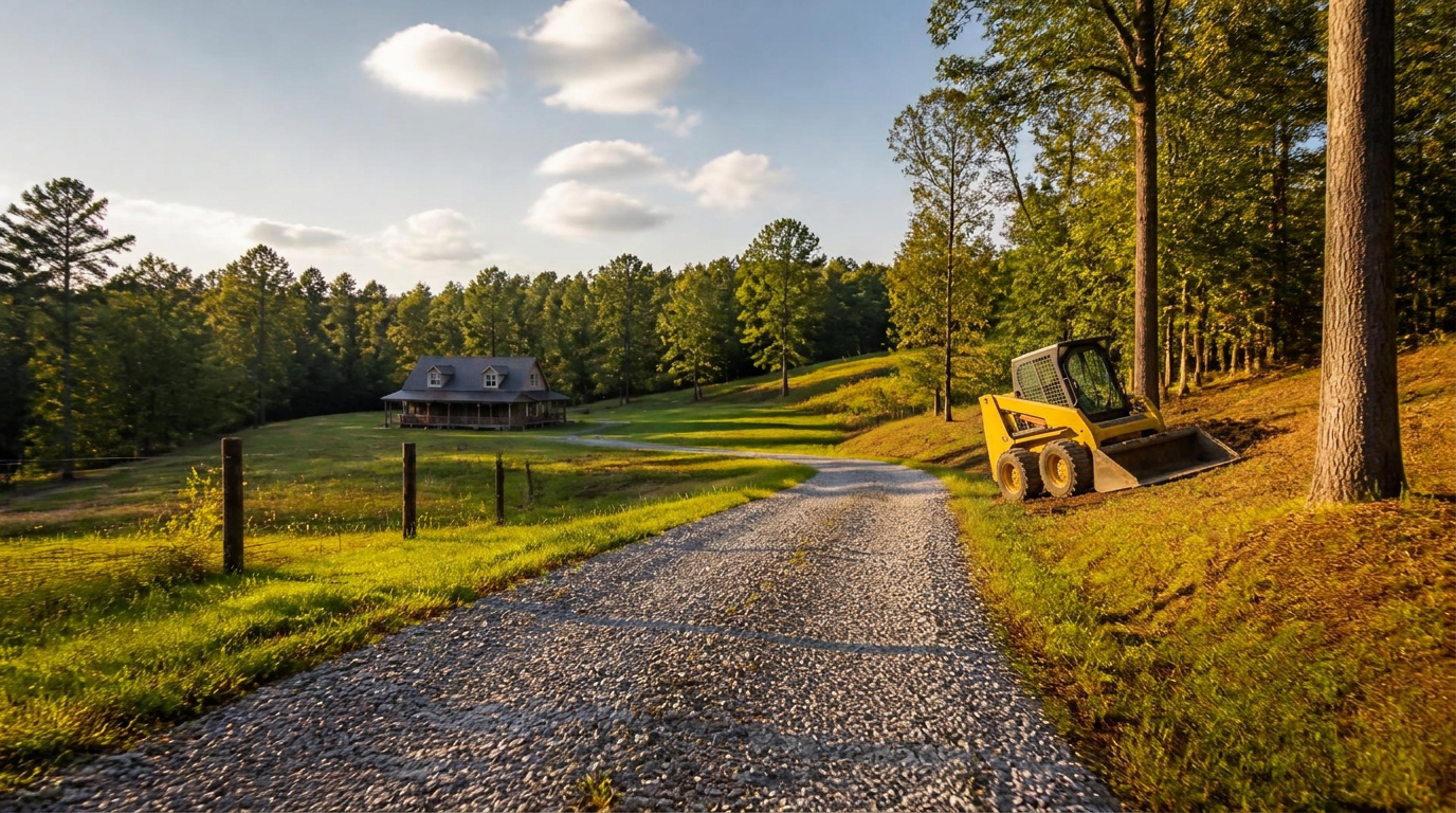 Rural homestead in Upstate South Carolina with a gravel driveway, open pasture, and wooded acreage at golden hour